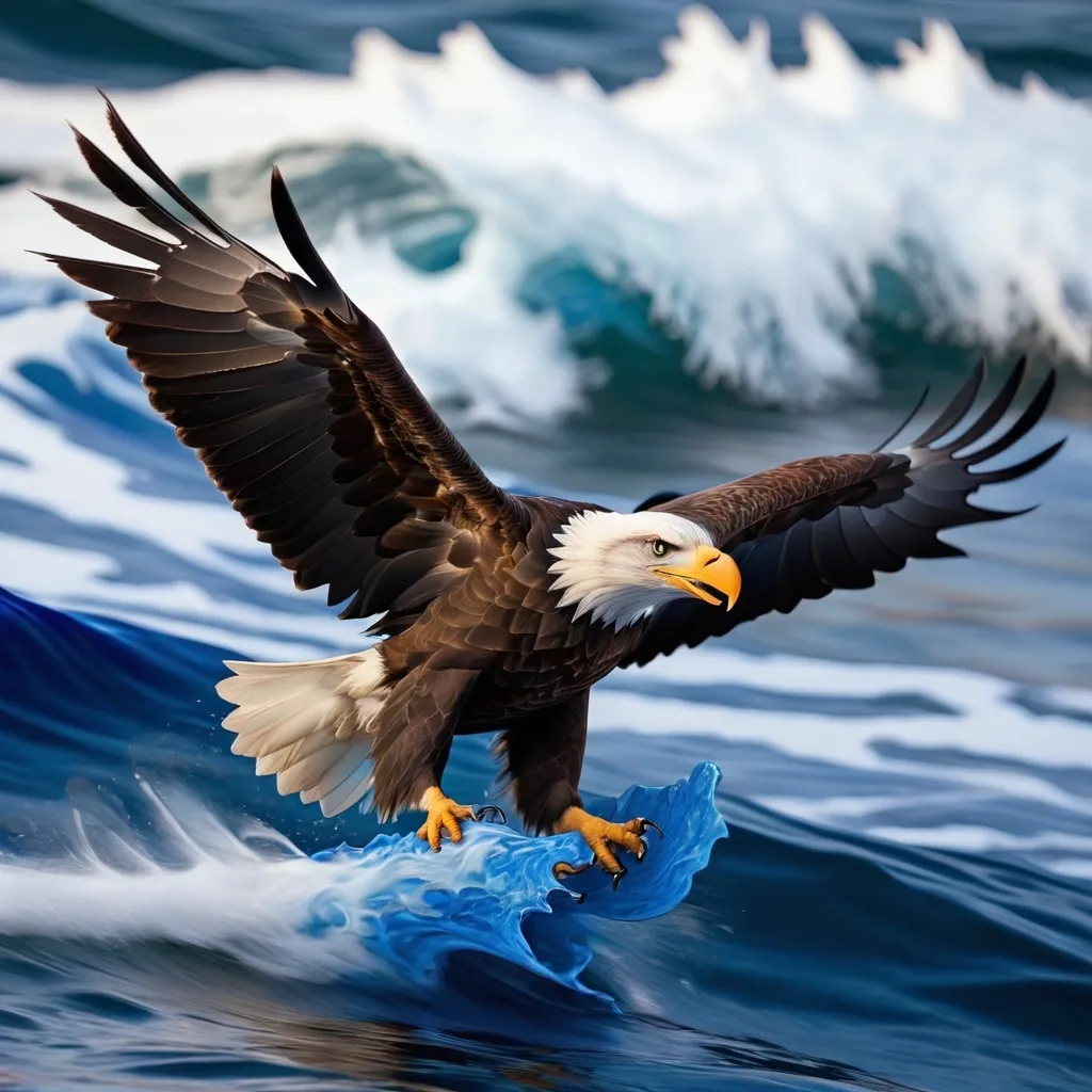 Prompt: bald eagle flying through blue waves