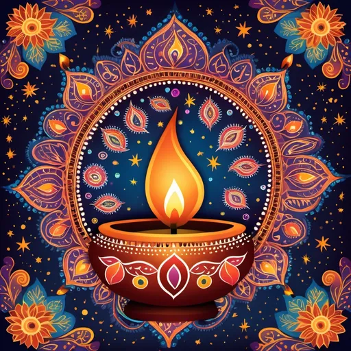 Prompt: A colorful illustration depicting a traditional Indian diwali oil lamp or diya surrounded by intricate floral and paisley patterns, with a dark starry night sky background