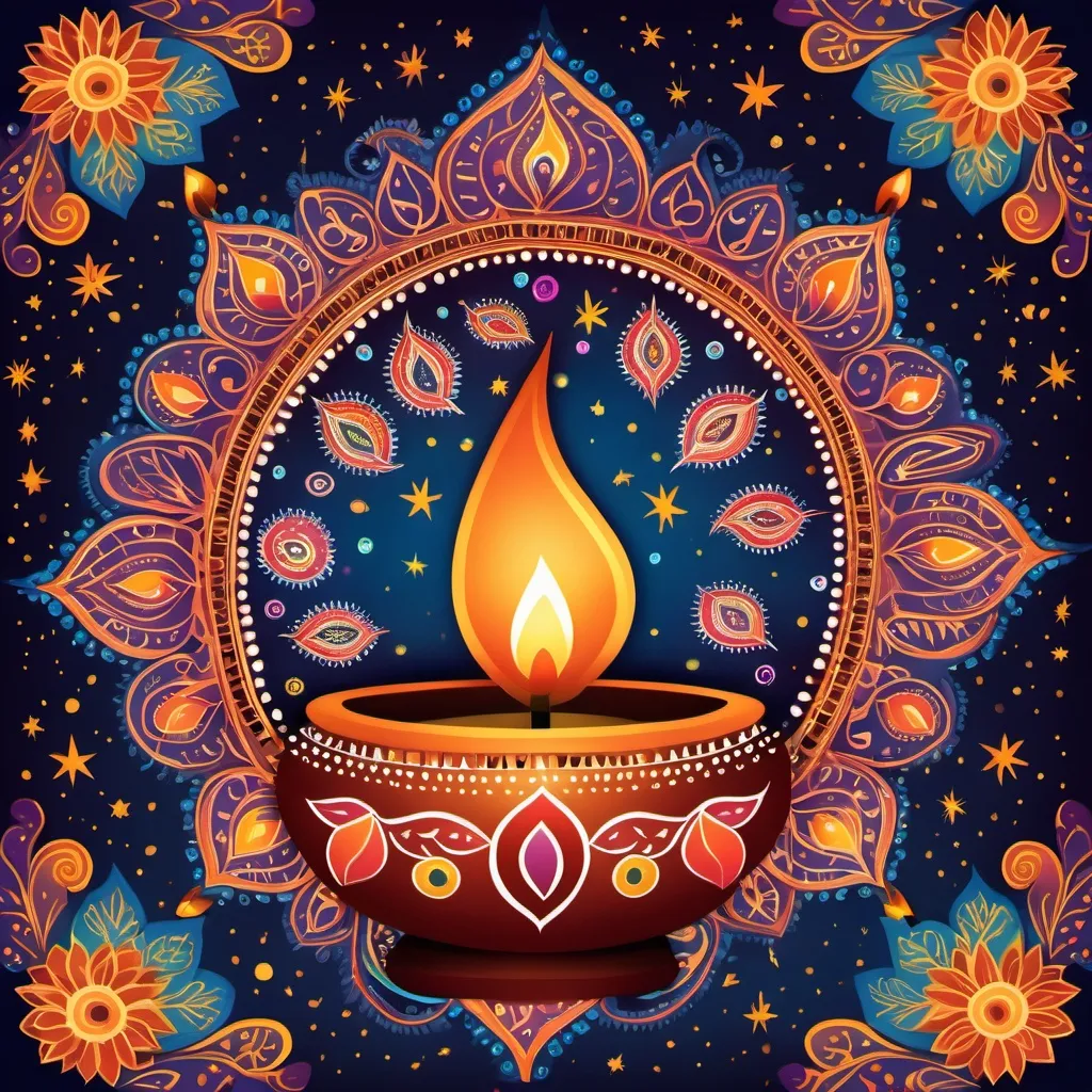 Prompt: A colorful illustration depicting a traditional Indian diwali oil lamp or diya surrounded by intricate floral and paisley patterns, with a dark starry night sky background