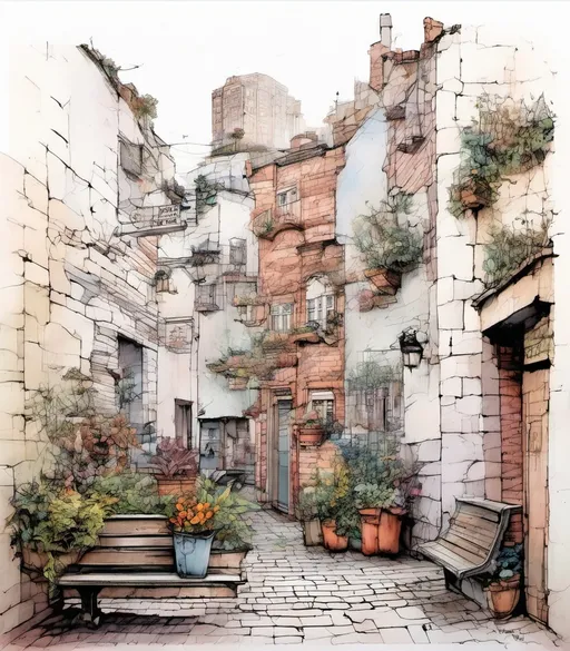 Prompt: a drawing of a street with a bunch of buildings whose bricks should a subtle outline in black ink, and a bench in the middle of it and a potted planter on the side of the street, Anton Pieck, photorealism, stanley artgermm, a watercolor painting