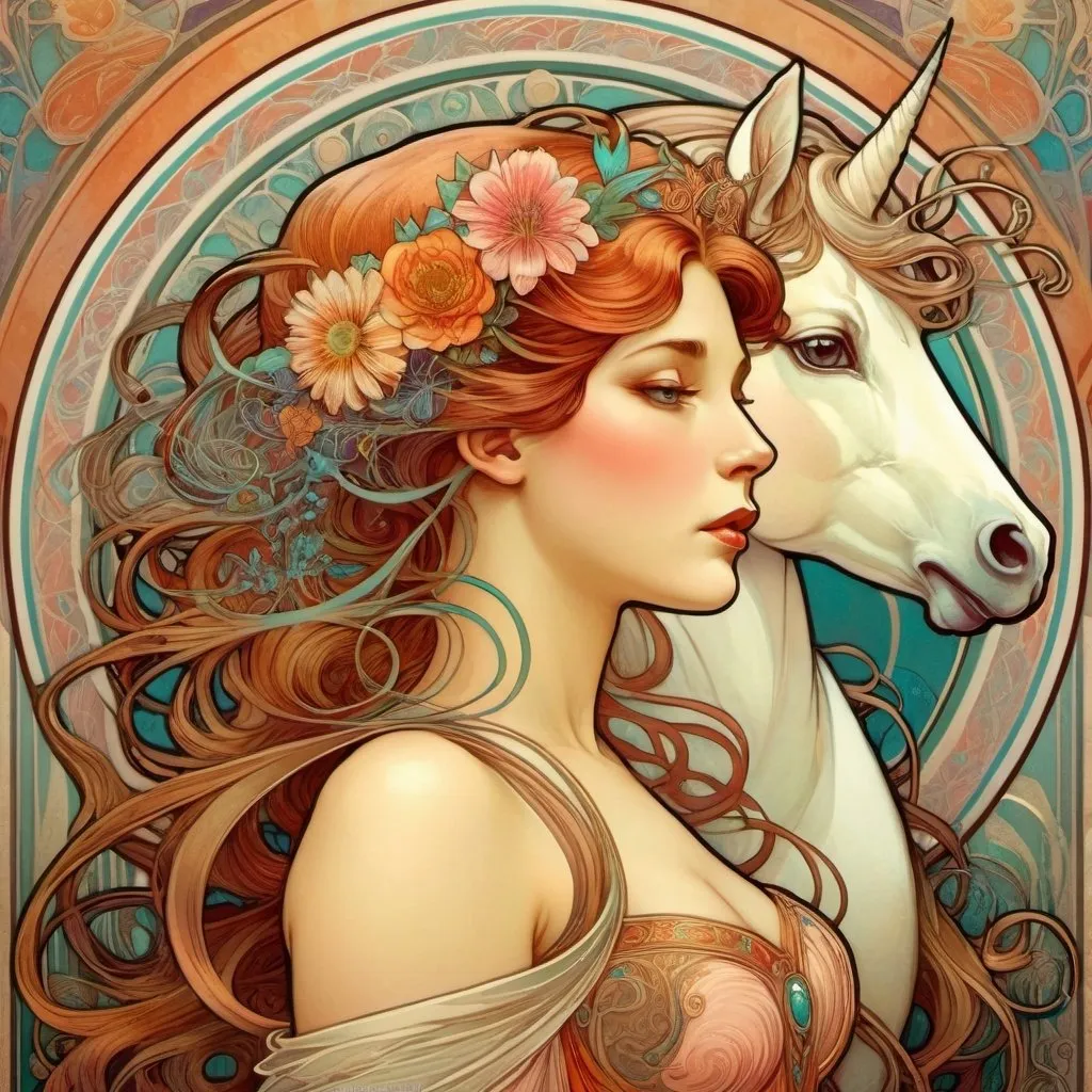 Prompt: Alphonse Mucha Style, art nouveau illustration of a beautiful woman and a unicorn, thick lines, intricate details, beautiful colors