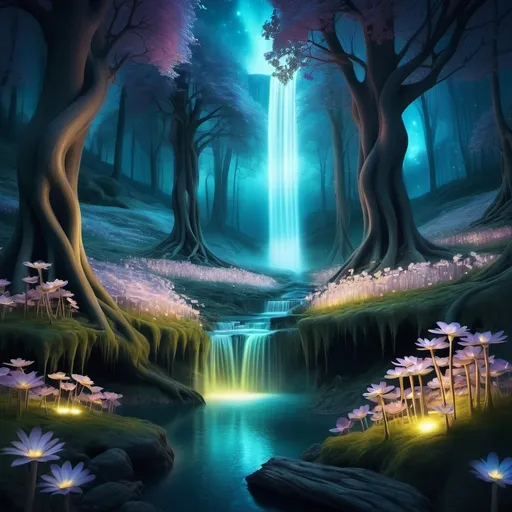 Prompt: Surreal Nature

"A dreamlike forest where the trees have flowing waterfalls for trunks and glowing flowers that illuminate the night."