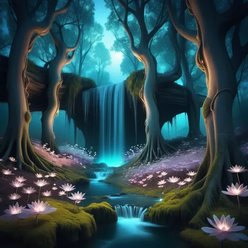 Prompt: Surreal Nature

"A dreamlike forest where the trees have flowing waterfalls for trunks and glowing flowers that illuminate the night."