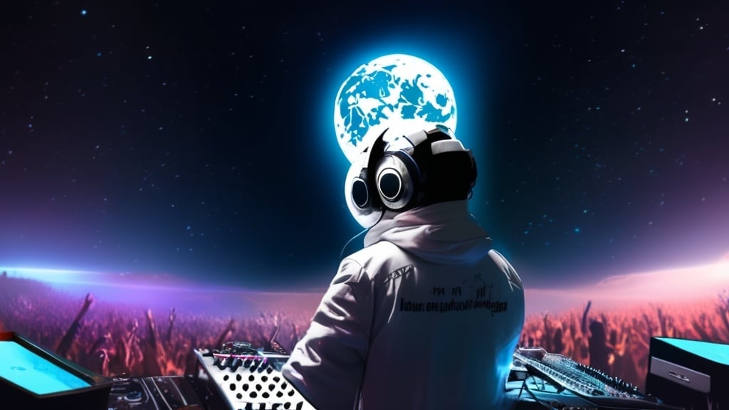 Prompt: UN dj de dos qui mixe devant une immense foule, tous se trouve sur la lune et on voir la planète terre derrière 
