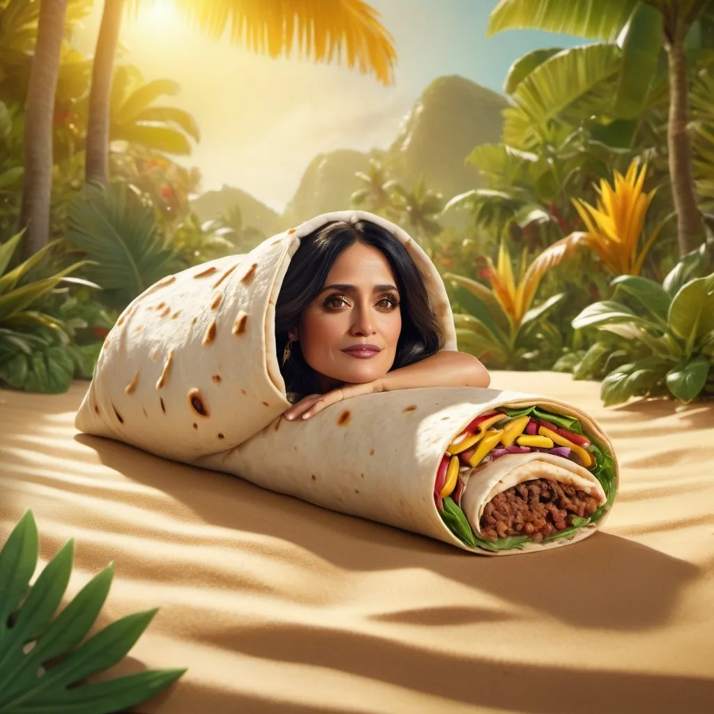 Prompt: selma hayak as a burrito sunbathing 
