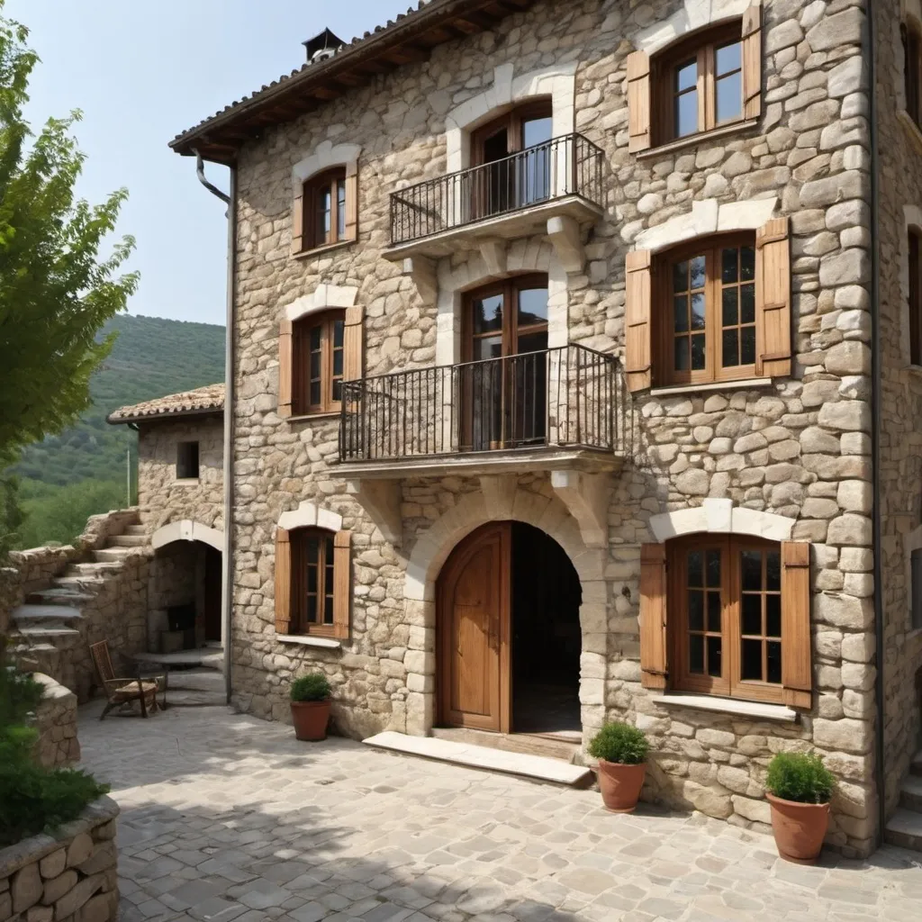 Prompt: Rustic stone house, L-shapped, 40 m�, two floors, balcony, Big windows whith wooden shutters, arched door