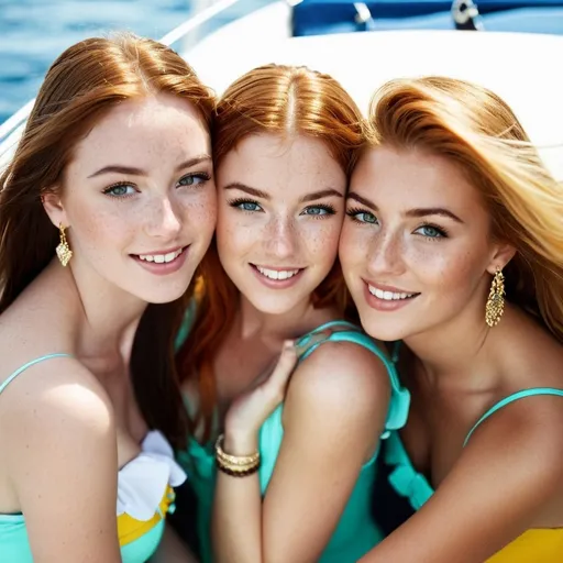 Prompt: 2 girls, Irish, 16, alluring, freckles, on vacation, on a boat, glamorous,  jewelery, gold