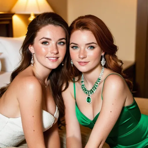 Prompt: 2 girls, Irish, 16, alluring, freckles, on vacation, lounging at the hotel room, glamorous,  jewelery