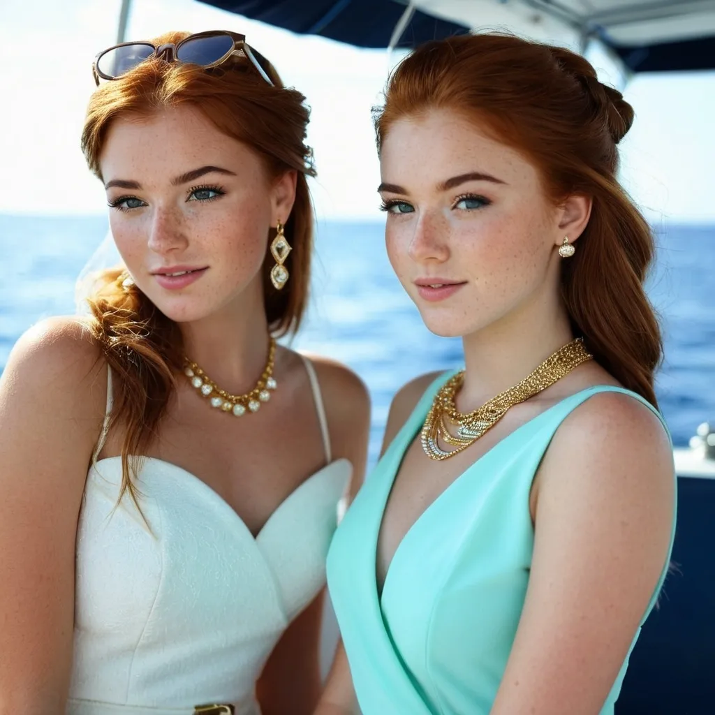 Prompt: 2 girls, Irish, 16, alluring, freckles, on vacation, on a boat, glamorous,  jewelery, gold