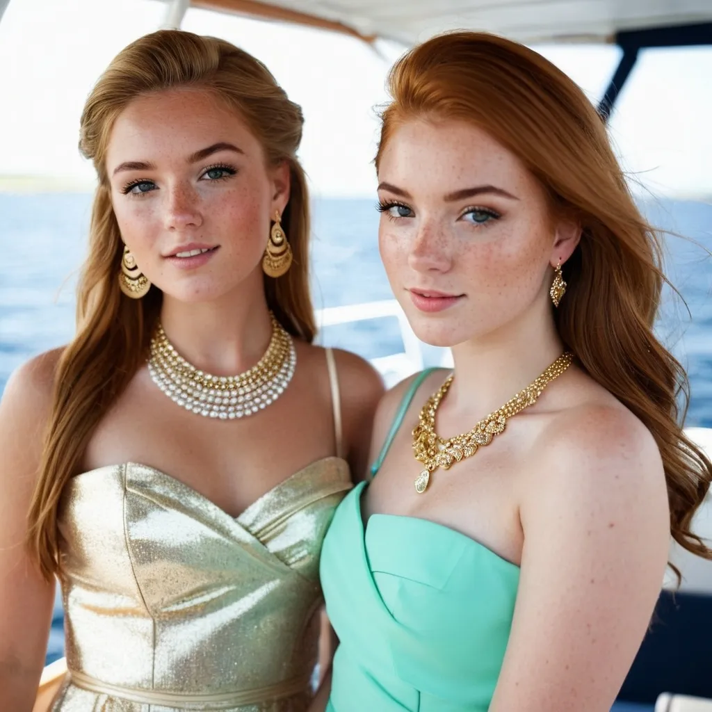 Prompt: 2 girls, Irish, 16, alluring, freckles, on vacation, on a boat, glamorous,  jewelery, gold