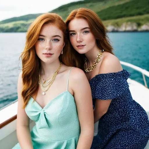 Prompt: 2 girls, Irish, 16, alluring, freckles, on vacation, on a boat, glamorous,  jewelery, gold