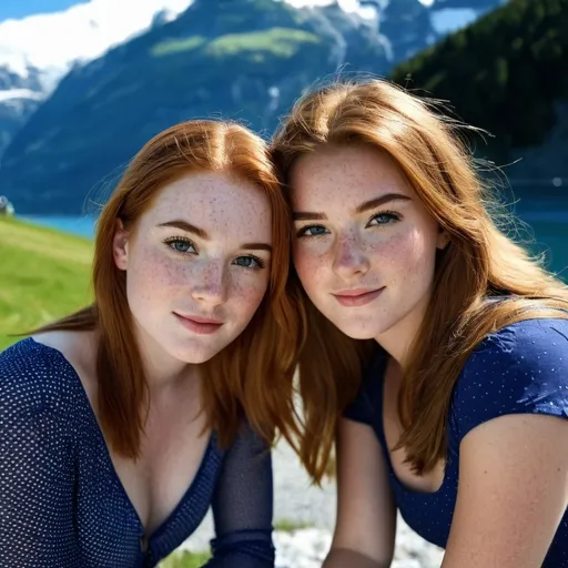 Prompt: 2 girls, Irish, 16, alluring, freckles, on vacation, Switzerland, glamorous