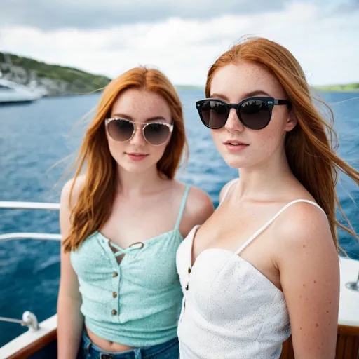 Prompt: 2 girls, Irish, 16, alluring, freckles, on vacation, on a boat, glamorous, sunglasses