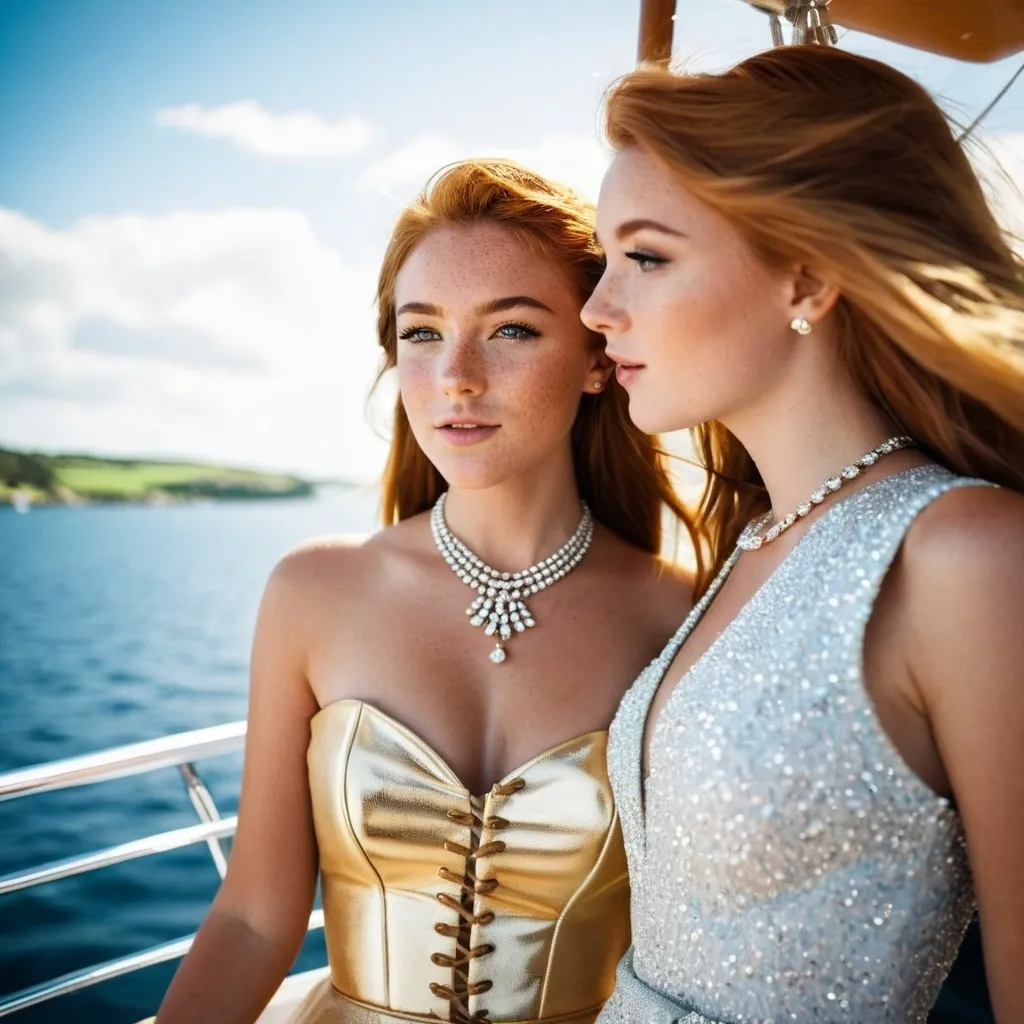 Prompt: 2 girls, Irish, 16, alluring, freckles, on vacation, on a boat, glamorous,  jewelery, gold