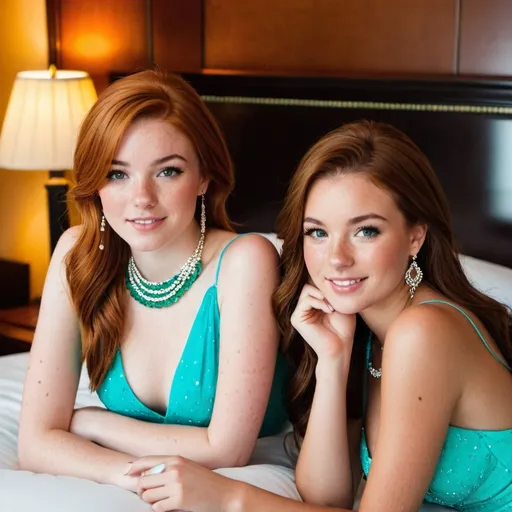 Prompt: 2 girls, Irish, 16, alluring, freckles, on vacation, lounging at the hotel room, glamorous,  jewelery