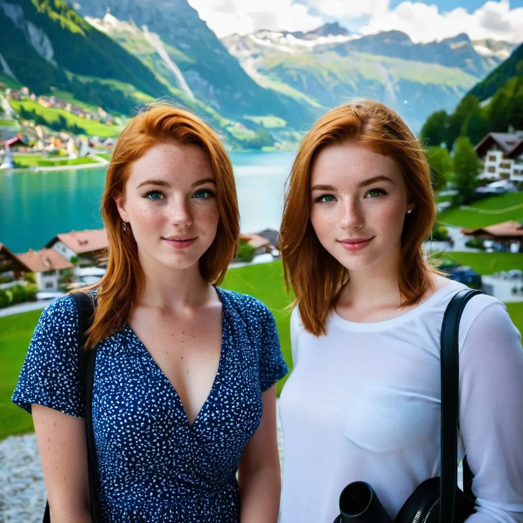 Prompt: 2 girls, Irish, 16, alluring, freckles, on vacation, Switzerland, glamorous