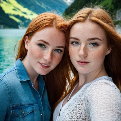 Prompt: 2 girls, Irish, 16, alluring, freckles, on vacation, Switzerland, glamorous