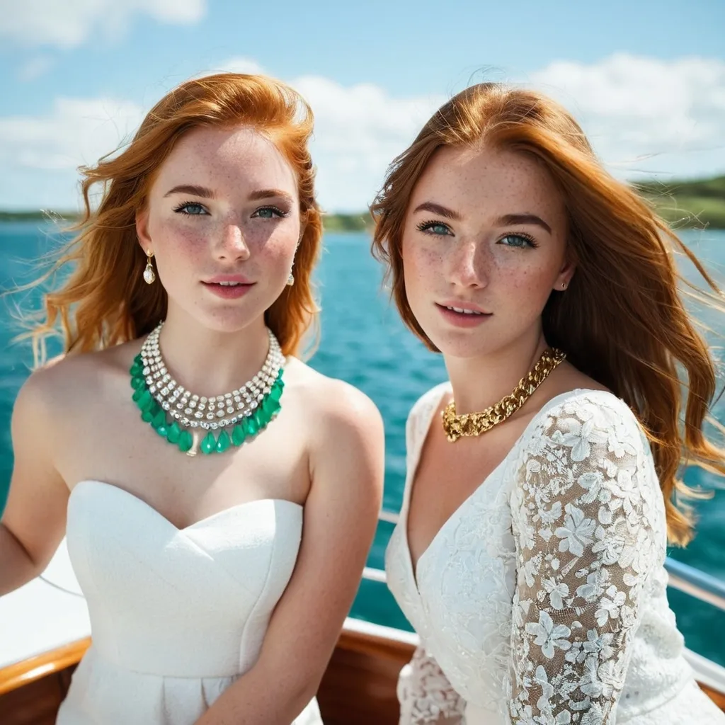 Prompt: 2 girls, Irish, 16, alluring, freckles, on vacation, on a boat, glamorous,  jewelery, gold