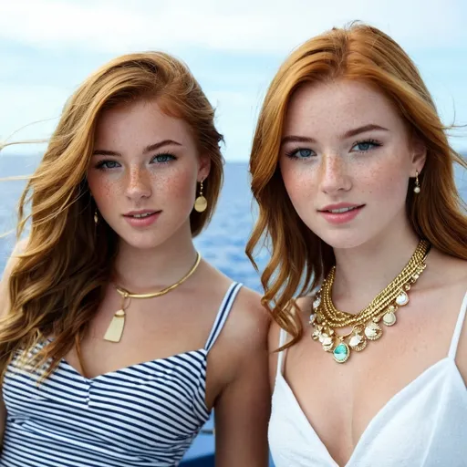 Prompt: 2 girls, Irish, 16, alluring, freckles, on vacation, on a boat, glamorous,  jewelery, gold