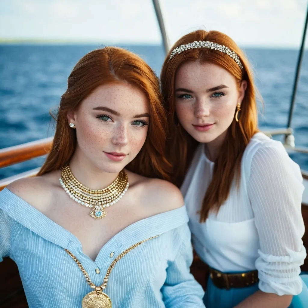 Prompt: 2 girls, Irish, 16, alluring, freckles, on vacation, on a boat, glamorous,  jewelery, gold