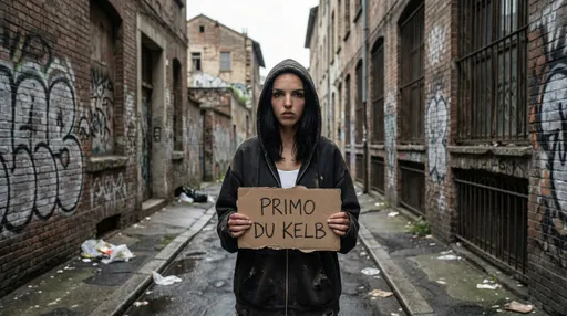 Prompt:  melancholic tone, 8k photography, subtle atmosphere, ghetto, further away, holding a paper with the text PRIMO DU KELB