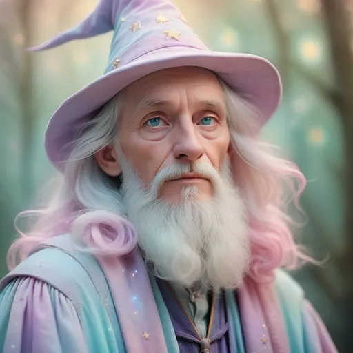 Prompt: Dreamy pastel portrait, wizard, ethereal atmosphere, soft focus