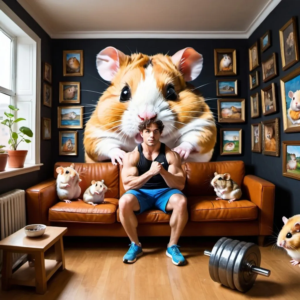 A living room with a sofa made out of hamsters. The...