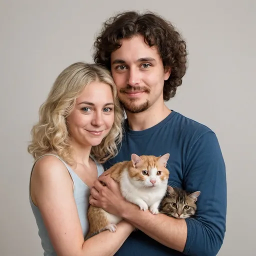 Prompt: A portrait of a couple. The man has dark brown curly hair and is holding a big hamster. The woman has blonde mid length hair and holds 4 cats. 
