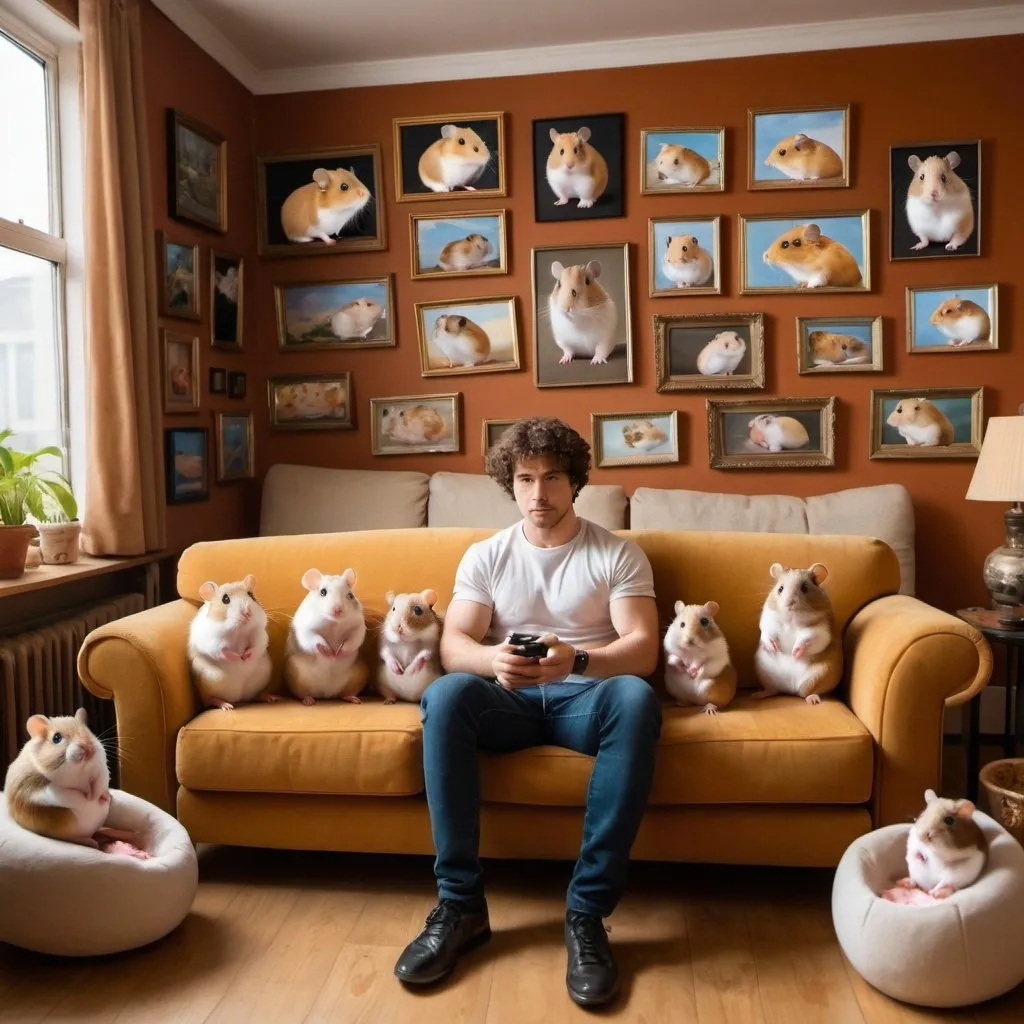 A living room with a sofa made out of hamsters. The...