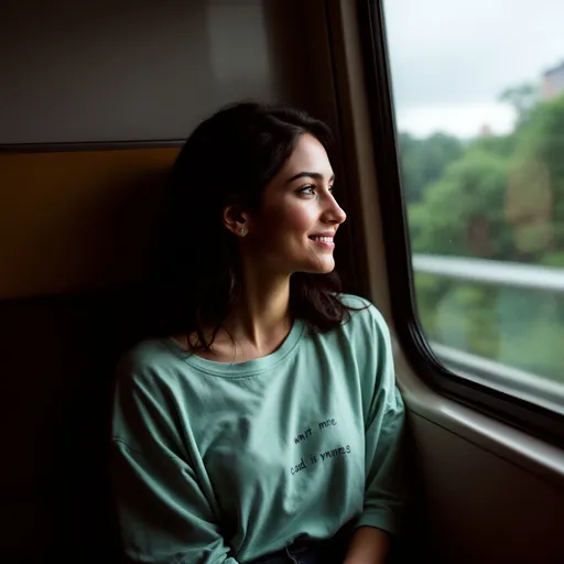 Prompt: Seated by a window, a young woman gazes thoughtfully outside, framed by the soft light filtering through the glass. Her expression is serene, with a hint of a smile illuminating her face, as her dark, wavy hair subtly catches the light. She wears a loose, mint-green shirt adorned with playful text, contrasting against the gloomy, greenish hue of the landscape visible beyond the window. The scene captures a moment of quiet reflection during a train journey, with hints of urban scenery fading into the background, enveloping her in a sense of tranquility amidst the motion. The overall mood conveys a blend of introspection and contentment, accentuated by the gentle play of light and shadow in the composition.