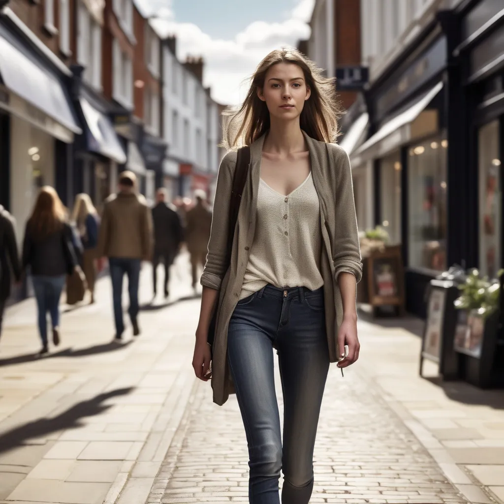 Prompt: Tall young woman walking down the high street, detailed clothing, realistic, natural lighting