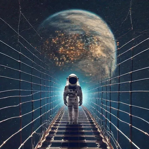 Prompt: astronaut crossing a bridge made of neural network. The bridge is connecting earth to galaxies