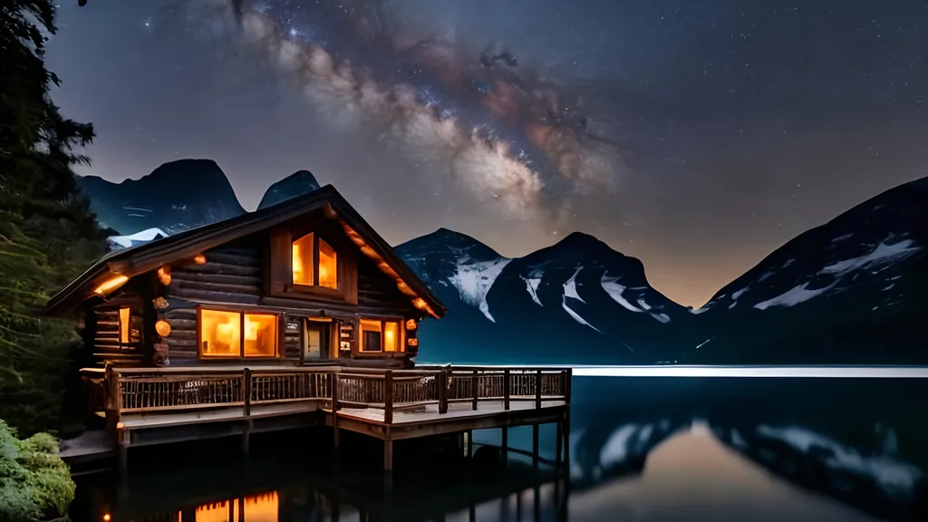 Prompt: Moonlit lakeside cabin nestled at the foot of a towering mountain, serene and reflective lake surface, moon casting a soft glow, rustic wooden cabin with warm cozy lights, misty and tranquil atmosphere, high-quality realistic digital painting, serene, peaceful, moonlit, lakeside cabin, towering mountain, misty atmosphere, cozy lights, realistic, tranquil, detailed landscape, moonlit glow, digital painting