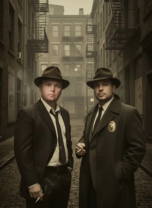 Prompt: Draw these two cops as 1940's Detectives, keeping likeness the same, same facial features, gritty city atmosphere