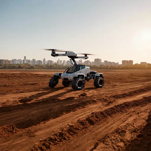 Prompt: A futuristic flying construction robot operating over a dirt field with buildings in the background.