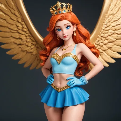 Prompt: Winx club bloom dolls red-orange hair waist-lenght cyan eyes pink lips
Blue crop top blue mini skirt light blue glove golden tiara oval gold jewel wings