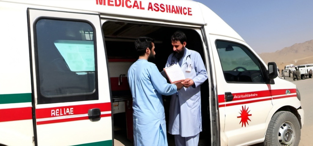 Prompt: Providing medical assistance ,Afghan men' 
 Is seek and an Afghan doctor is providing medical assistance with ambulance ,in the ambulance is written Dr.parsa