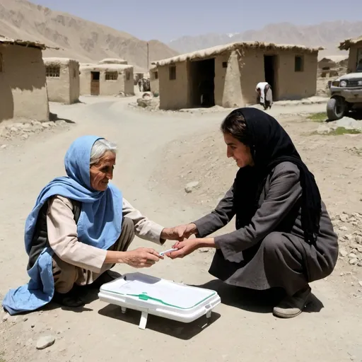 Prompt: "A Afghan doctor providing medical assistance to an elderly Afghan woman near a rural village."