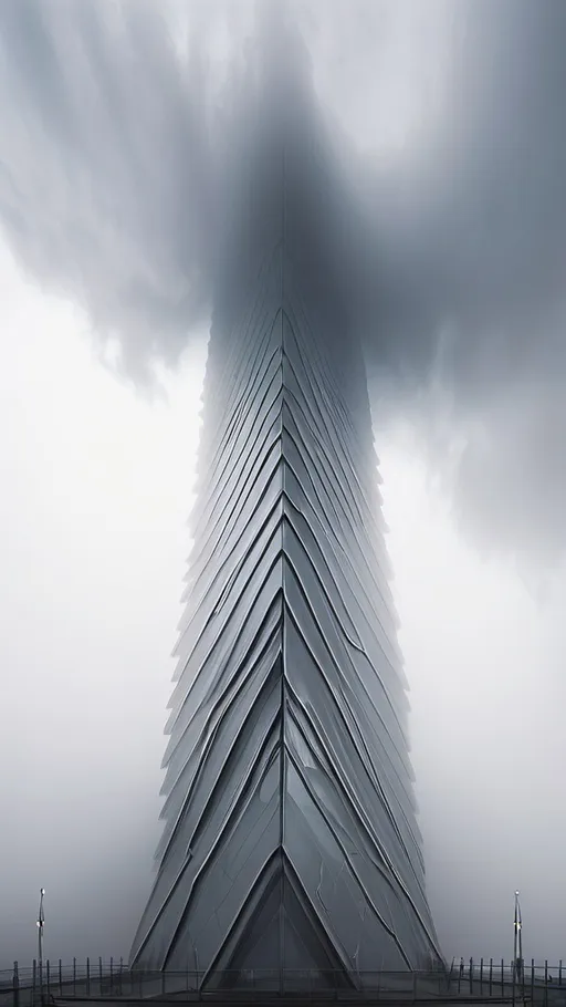 Prompt: Futurstic tower structure shrouded in clouds or mist