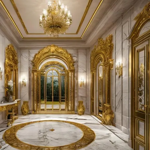 Prompt: Luxury villa with marble walls, glass windows and doors, gold decorations, high quality, realistic, luxurious, marble architecture, golden accents, detailed interior, grandeur, opulent lighting