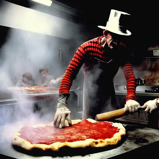 Prompt: Freddy Krueger Making Pizza With Kids on an industrial kitchen in 1995