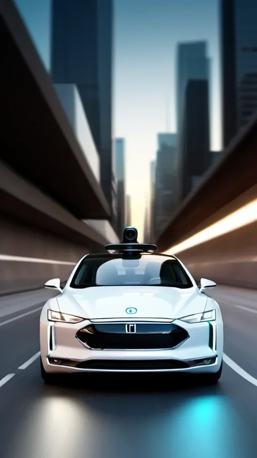 Prompt: (self-driving car), centered bottom, sleek and futuristic design, fast-paced motion effect, blurred black concrete background to emphasize speed, minimalistic layout, bold and modern typography, vibrant color palette highlighting the car, eye-catching composition, promoting innovation and efficiency, professional ad aesthetics, high-quality 4K resolution.