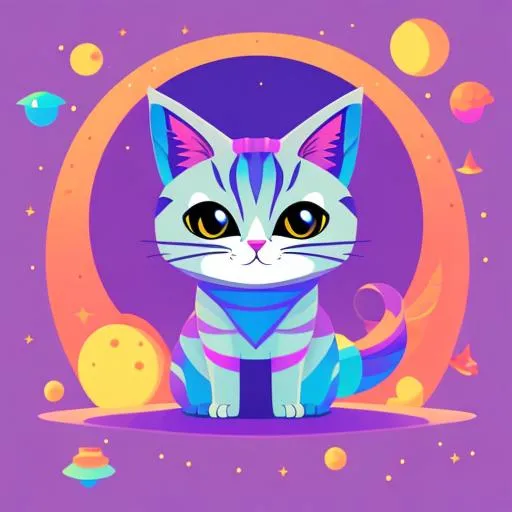 Prompt: vector illustration of an adorable magical cat standing on the moon, vibrant colours, vector, solid background, symmetrical, UHD, HDR, 64k