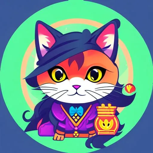 Prompt: modern comic style artwork, highly detailed magical cat with witch, desktop wallpaper, symmetrical, vibrant, vector, sticker, 8k