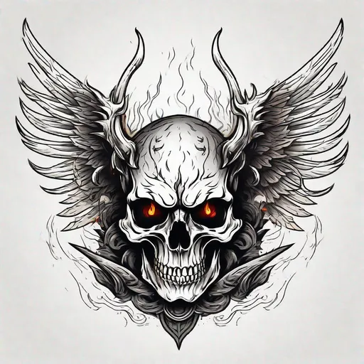 Prompt: Demon skull with wings, fire in background, epic tattoo design bold line minimalist vector ink strokes by ivan shishkin, trending on artstation dramatic lighting Expressionism