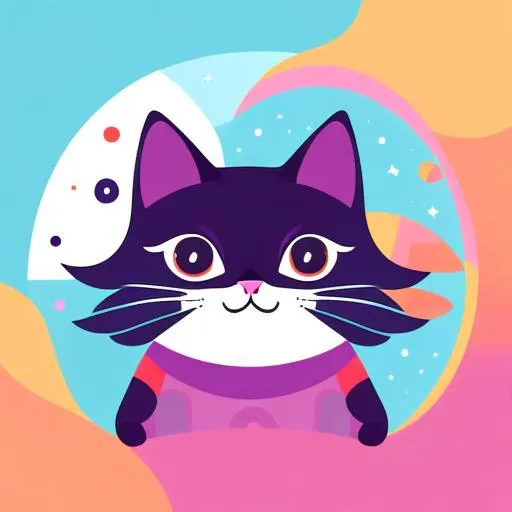 Prompt: vector illustration of an adorable magical cat standing on the moon, vibrant colours, solid background, symmetrical, UHD, 16k