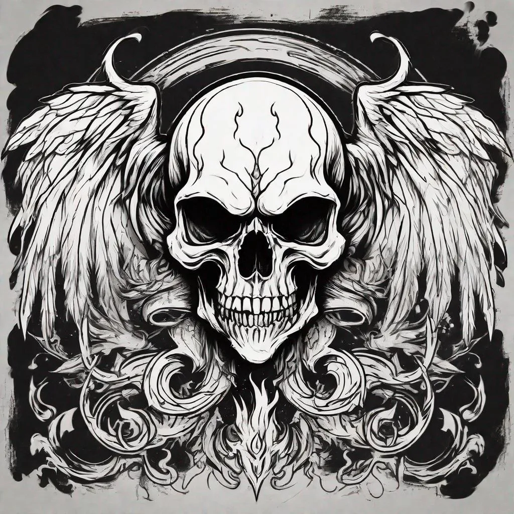 Prompt: Demon skull with wings, fire in background, epic tattoo design bold line minimalist vector ink strokes by ivan shishkin, trending on artstation dramatic lighting Expressionism