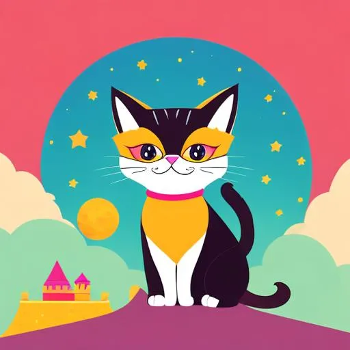 Prompt: vector illustration of an adorable magical cat standing on the moon, vibrant colours, solid background, symmetrical, UHD, 16k