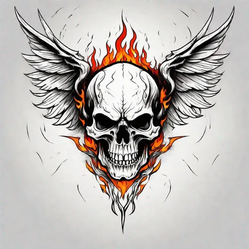 Prompt: Demon skull with wings, fire in background, epic tattoo design bold line minimalist vector monochrome ink strokes by ivan shishkin, trending on artstation dramatic lighting Expressionism