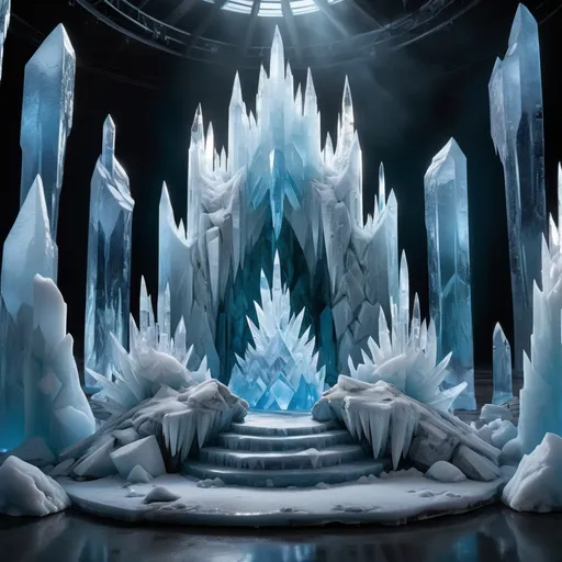 Prompt: A panoramic stage with four towering, crystalline ice structures slowly converging into a single majestic ice throne centerpiece. Each prop represents an elemental shard (frost fire, frozen wind, arctic tide, crystal earth), glowing subtly in different hues as they connect. Smaller icy spires and frost-covered rocks scatter across the floor like a frozen tundra.
